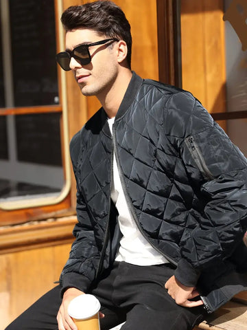 Autumn Winter Bomber Jacket Men Diamond Pattern